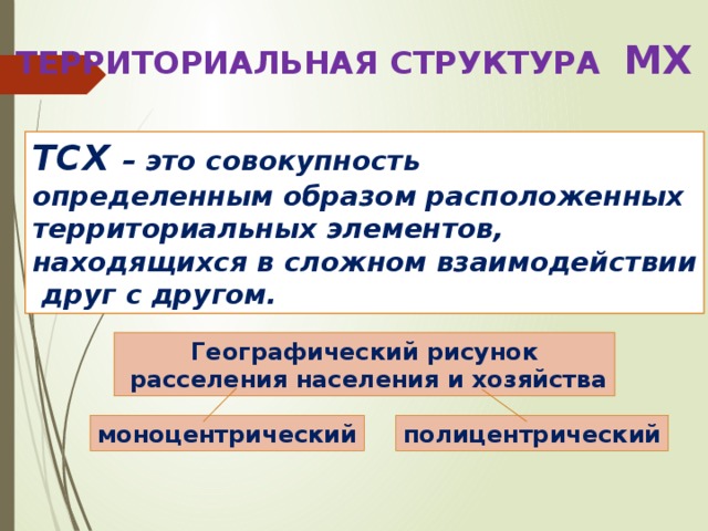 ТЕРРИТОРИАЛЬНАЯ СТРУКТУРА МХ ТСХ – это совокупность определенным образом расположенных территориальных элементов, находящихся в сложном взаимодействии  друг с другом. Географический рисунок  расселения населения и хозяйства моноцентрический полицентрический 