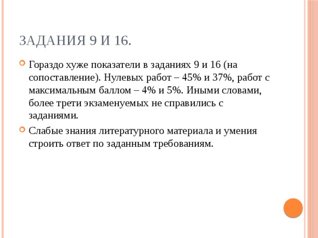 Задания 9 и 16. Гораздо хуже показатели в заданиях 9 и 16 (на сопоставление). Нулевых работ – 45% и 37%, работ с максимальным баллом – 4% и 5%. Иными словами, более трети экзаменуемых не справились с заданиями. Слабые знания литературного материала и умения строить ответ по заданным требованиям. 