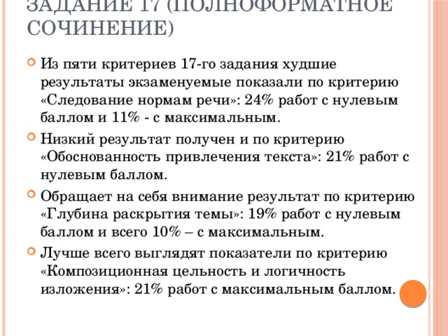 Задание 17 (полноформатное сочинение) Из пяти критериев 17-го задания худшие результаты экзаменуемые показали по критерию «Следование нормам речи»: 24% работ с нулевым баллом и 11% - с максимальным. Низкий результат получен и по критерию «Обоснованность привлечения текста»: 21% работ с нулевым баллом. Обращает на себя внимание результат по критерию «Глубина раскрытия темы»: 19% работ с нулевым баллом и всего 10% – с максимальным. Лучше всего выглядят показатели по критерию «Композиционная цельность и логичность изложения»: 21% работ с максимальным баллом. 