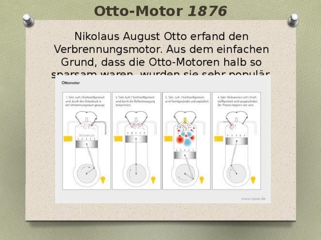 Otto-Motor 1876 Nikolaus August Otto erfand den Verbrennungsmotor. Aus dem einfachen Grund, dass die Otto-Motoren halb so sparsam waren, wurden sie sehr populär. 