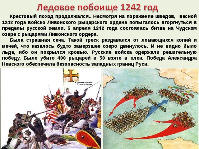 Крестовый поход продолжался.. Несмотря на поражение шведов, весной 1242 года войско Ливонского рыцарского ордена попыталось вторгнуться в пределы русской земли. 5 апреля 1242 года состоялась битва на Чудском озере с рыцарями Ливонского ордера. Была страшная сеча. Такой треск раздавался от ломающихся копий и мечей, что казалось будто замерзшее озеро двинулось. И не видно было льда, ибо он покрылся кровью. Русские войска одержали решительную победу. Было убито 400 рыцарей и 50 взято в плен. Победа Александра Невского обеспечила безопасность западных границ Руси. 