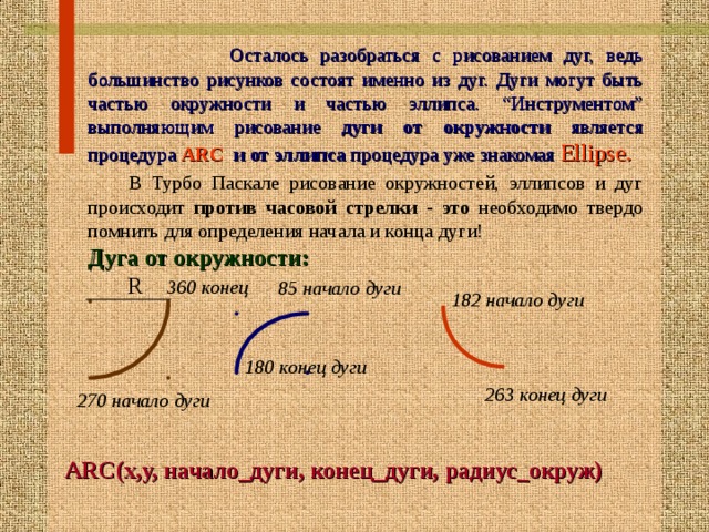  Осталось разобраться c рисованием дуг, ведь большинство рисунков состоят именно из дуг. Дуги могут быть частью окружности и частью эллипса. “Инструментом” выполняющим рисование дуги от окружности является процедура  ARC и от эллипса процедура уже знакомая  Ellipse .  В Турбо Паскале рисование окружностей, эллипсов и дуг происходит против часовой стрелки - это необходимо твердо помнить для определения начала и конца дуги! Дуга от окружности: R 360 конец 85 начало дуги 182 начало дуги 180 конец дуги 263 конец дуги 270 начало дуги ARC(x,y, начало_дуги, конец_дуги,  радиус_окруж) 16 