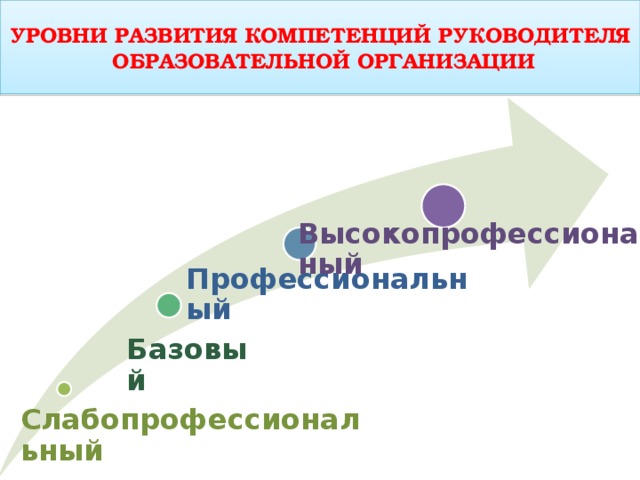 УРОВНИ РАЗВИТИЯ КОМПЕТЕНЦИЙ РУКОВОДИТЕЛЯ ОБРАЗОВАТЕЛЬНОЙ ОРГАНИЗАЦИИ Высокопрофессиональный  Профессиональный Базовый Слабопрофессиональный 