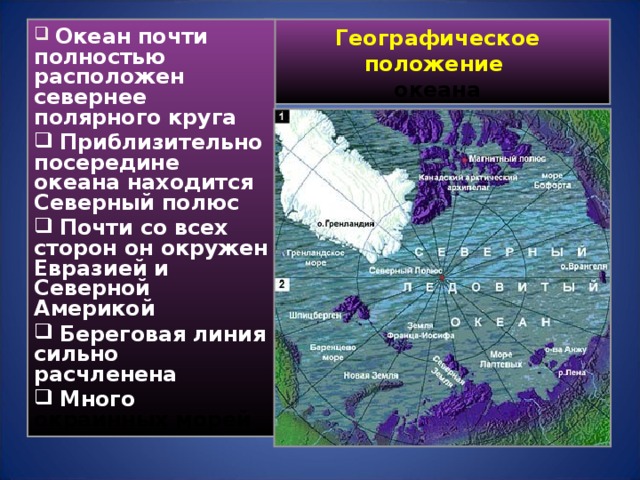 Географическое  положение   океана  Океан почти полностью расположен севернее полярного круга  Приблизительно посередине океана находится Северный полюс  Почти со всех сторон он окружен Евразией и Северной Америкой  Береговая линия сильно расчленена  Много окраинных морей 