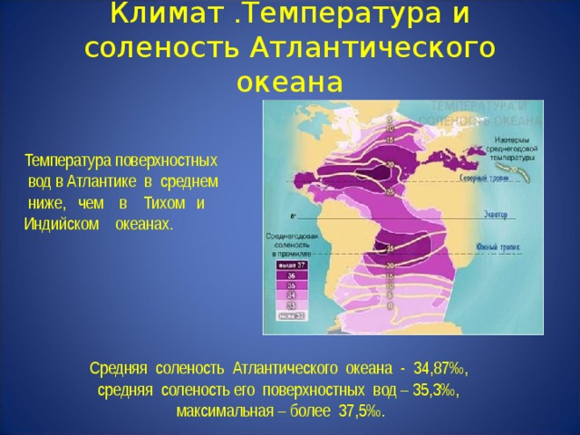 Особенности атлантического и северного ледовитого океанов. Температура поверхностных вод Атлантического океана. Средняя температура и соленость Атлантического океана. Соленость Атлантического океана. Средняя соленость воды индийского океана.