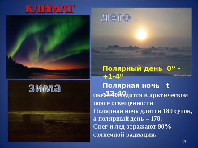 КЛИМАТ Полярный день 0 º - +1-4 º Полярная ночь t -32-40 º О кеан находится в арктическом поясе освещенности Полярная ночь длится 189 суток, а полярный день – 178. Снег и лед отражают 90% солнечной радиации.  