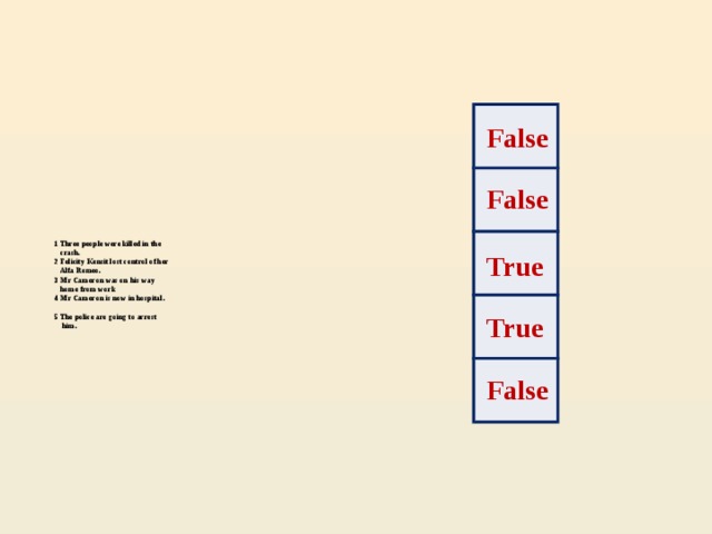 False False 1 Three people were killed in the  crash.  2 Felicity Kensit lost control of her  Alfa Romeo.  3 Mr Cameron was on his way  home from work  4 Mr Cameron is now in hospital.   5 The police are going to arrest  him.   True True False