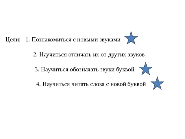 Цели: 1. Познакомиться с новыми звуками  2. Научиться отличать их от других звуков  3. Научиться обозначать звуки буквой  4. Научиться читать слова с новой буквой Рефлексия  