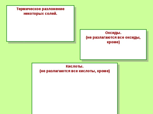  Термическое разложение некоторых солей. 2KClO 3 → 2KCl +3O 2 ↑ 2KMnO 4 → K 2 MnO 4 +MnO 2 + O 2 ↑ 4KClO 3 → 3KClO 4 +KCl 4Na 2 SO 3 → Na 2 S + Na 2 SO 4 Оксиды. (не разлагаются все оксиды, кроме) 2HgO → 2Hg +O 2 2PbO 2 → 2Pb +O 2 Кислоты. (не разлагаются все кислоты, кроме) H 2 CO 3 → H 2 O↑ + CO 2 ↑ H 2 SiO 3 → SiO 2 + H 2 O↑ H 2 SO 3 → H 2 O↑ + SO 2 ↑ 2HNO 2 → NO↑ + NO 2 ↑ + H 2 O↑ 4HNO 3 → 4NO 2 ↑ + O 2 ↑ + 2H 2 O HCOOH→ CO↑ + H 2 O↑ H 2 C 2 O 4 → HCOOH + CO 2 ↑ 