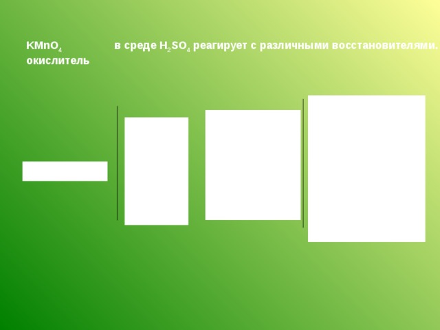 KMnO 4 в среде H 2 SO 4 реагирует с различными восстановителями. окислитель   Продукты, разные для каждой реакции K 2 SO 4 S N 2 J 2 Fe 2 (SO 4 ) 3 CO 2 CO 2 Продукты, общие для всех реакций K 2 SO 4  + + MnSO 4  + H 2 O К 2 SO 3 H 2 S NH 3 KJ FeSO 4 C 6 H 12 O 6 C 2 H 2 O 4 KMnO 4 + H 2 SO 4 