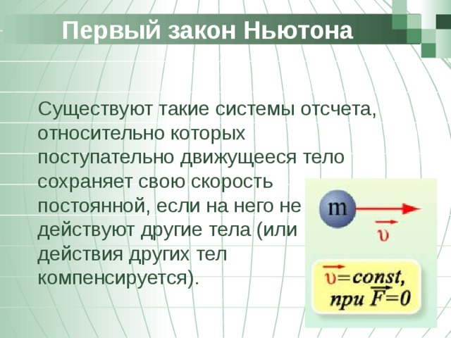 Первый закон Ньютона  Существуют такие системы отсчета, относительно которых поступательно движущееся тело сохраняет свою скорость постоянной, если на него не действуют другие тела (или действия других тел компенсируется). Позволю напомнить, что компонент состоит из трех подкомпонентов, каждый из которых решает свой круг задач  