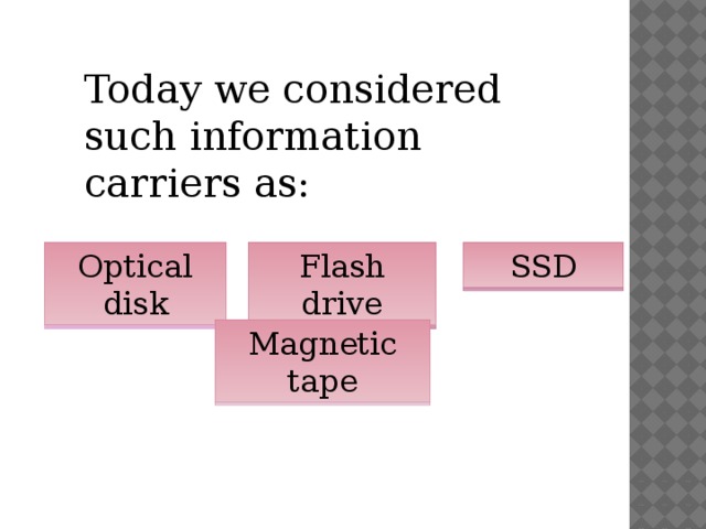 Today we considered such information carriers as: Optical disk Flash drive SSD Magnetic tape 