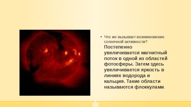 Что же вызывает возникновение солнечной активности? Постепенно увеличивается магнитный поток в одной из областей фотосферы. Затем здесь увеличивается яркость в линиях водорода и кальция. Такие области называются флоккулами . 