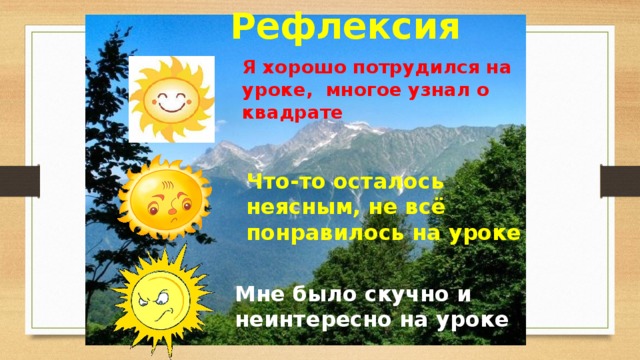 Рефлексия Я хорошо потрудился на уроке, многое узнал о квадрате Что-то осталось неясным, не всё понравилось на уроке Мне было скучно и неинтересно на уроке