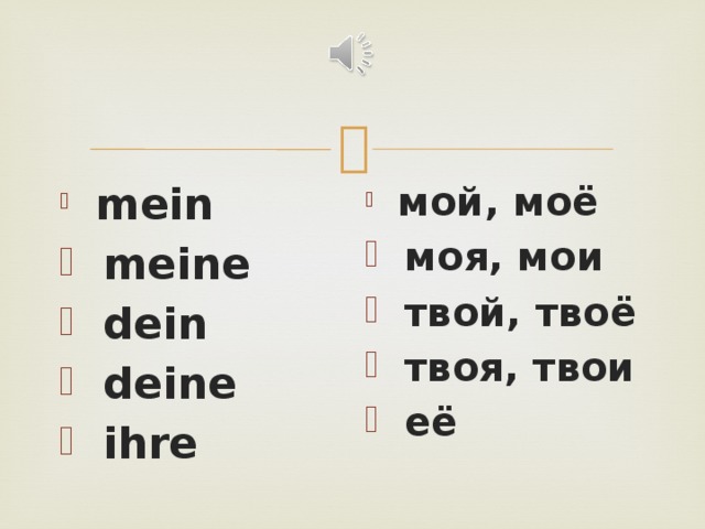  mein  meine  dein  deine  ihre  мой, моё  моя, мои  твой, твоё  твоя, твои  её 