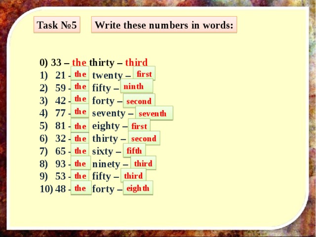 Task №5 Write these numbers in words: 0) 33 – the thirty – third 21 – … twenty – … 59 – … fifty – … 42 – … forty – … 77 – … seventy – … 81 – … eighty – … 32 – … thirty – … 65 – … sixty – … 93 – … ninety – … 53 – … fifty – … 48 – … forty – … first the the ninth the second the seventh the first the second the fifth the third the third the eighth 