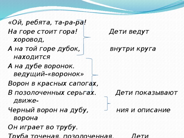 «Ой, ребята, та-ра-ра! На горе стоит гора! Дети ведут хоровод, А на той горе дубок, внутри круга находится А на дубе воронок. ведущий-«воронок» Ворон в красных сапогах, В позолоченных серьгах. Дети показывают движе- Черный ворон на дубу, ния и описание ворона Он играет во трубу. Труба точеная, позолоченная, Дети хлопают в Труба ладная, песня складная». ладоши 