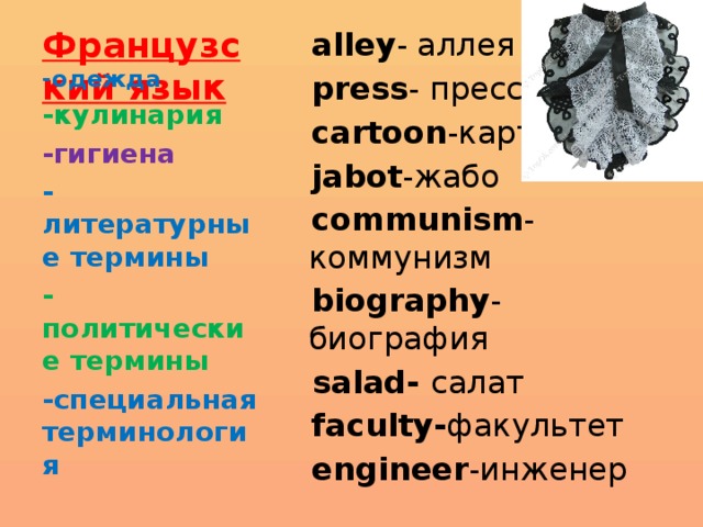  alley - аллея Французский язык  press - пресс  cartoon -картон  jabot -жабо  communism -коммунизм  biography -биография   salad- салат  faculty- факультет  engineer -инженер -одежда -кулинария -гигиена -литературные термины -политические термины -специальная терминология  