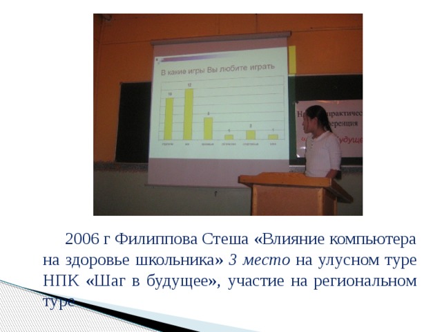   2006 г Филиппова Стеша «Влияние компьютера на здоровье школьника» 3 место на улусном туре НПК «Шаг в будущее», участие на региональном туре 