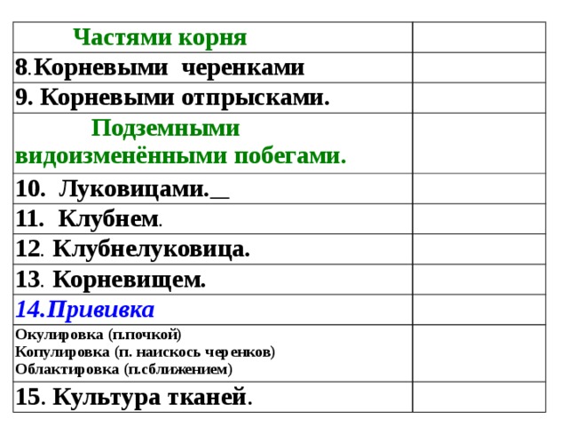  Частями корня 8 . Корневыми черенками  9. Корневыми отпрысками.   Подземными видоизменёнными побегами. 10. Луковицами.  11.  Клубнем . 12 . Клубнелуковица.  13 . Корневищем. 14.Прививка Окулировка (п.почкой) Копулировка (п. наискось черенков) 15 . Культура тканей . Облактировка (п.сближением) 