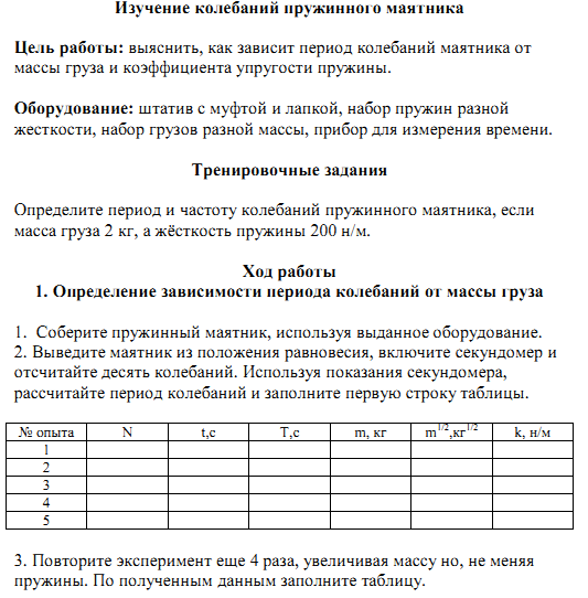 Зависимость периода пружинного маятника от массы