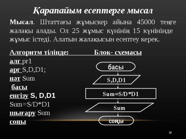 Қарапайым есептерге мысал Мысал . Штаттағы жұмыскер айына 45000 теңге жалақы алады. Ол 25 жұмыс күнінің 15 күнінінде жұмыс істеді. Алатын жалақысын есептеу керек. Алгоритм тілінде: Блок- схемасы алг  pr1 арг S,D,D1 ; нәт  Sum  басы енгізу  S, D,D1      Sum=S/D*D1   шығару  Sum   соңы    басы S,D,D1 Sum=S/D*D1 Sum соңы  