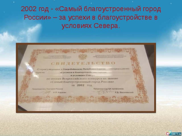 2002 год - «Самый благоустроенный город России» – за успехи в благоустройстве в условиях Севера. 