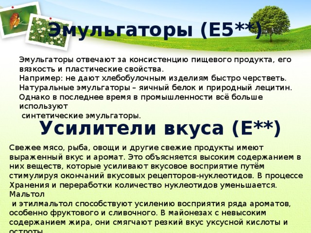 Эмульгаторы (Е5**) Эмульгаторы отвечают за консистенцию пищевого продукта, его вязкость и пластические свойства. Например: не дают хлебобулочным изделиям быстро черстветь. Натуральные эмульгаторы – яичный белок и природный лецитин. Однако в последнее время в промышленности всё больше используют  синтетические эмульгаторы. Усилители вкуса (Е**) Свежее мясо, рыба, овощи и другие свежие продукты имеют выраженный вкус и аромат. Это объясняется высоким содержанием в них веществ, которые усиливают вкусовое восприятие путём стимулируя окончаний вкусовых рецепторов-нуклеотидов. В процессе Хранения и переработки количество нуклеотидов уменьшается. Мальтол  и этилмальтол способствуют усилению восприятия ряда ароматов, особенно фруктового и сливочного. В майонезах с невысоким содержанием жира, они смягчают резкий вкус уксусной кислоты и остроты. 