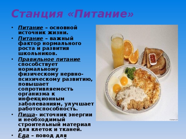 Станция «Питание »   Питание – основной источник жизни. Питание – важный фактор нормального роста и развития школьников. Правильное питание способствует нормальному физическому нервно-психическому развитию, повышает сопротивляемость организма к инфекционным заболеваниям, улучшает работоспособность. Пища - источник энергии и необходимый строительный материал для клеток и тканей. Еда – повод для общения людей. Еда – средство лечения от многих болезней. 