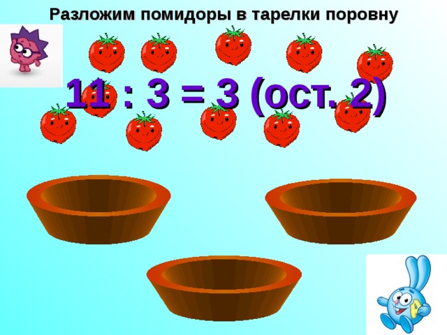 Разложим помидоры в тарелки поровну 11 : 3 = 3 (ост. 2) 