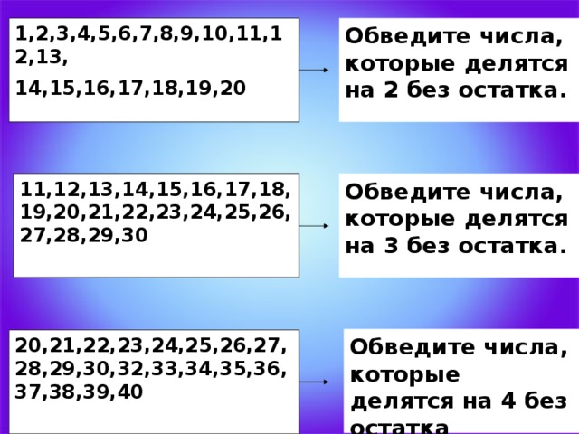 Обведите числа, которые делятся на 2 без остатка. 1,2,3,4,5,6,7,8,9,10,11,12,13, 14,15,16,17,18,19,20 11,12,13,14,15,16,17,18,19,20,21,22,23,24,25,26,27,28,29,30  Обведите числа, которые делятся на 3 без остатка. Обведите числа, которые делятся на 4 без остатка .  20,21,22,23,24,25,26,27,28,29,30,32,33,34,35,36,37,38,39,40  