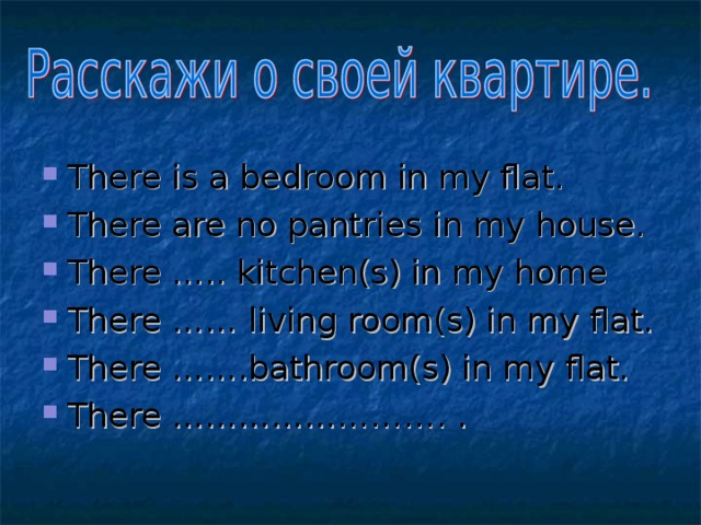 There is a bedroom in my flat. There are no pantries in my house. There ….. kitchen(s) in my home There …… living room(s) in my flat. There …….bathroom(s) in my flat. There ……………………. . 