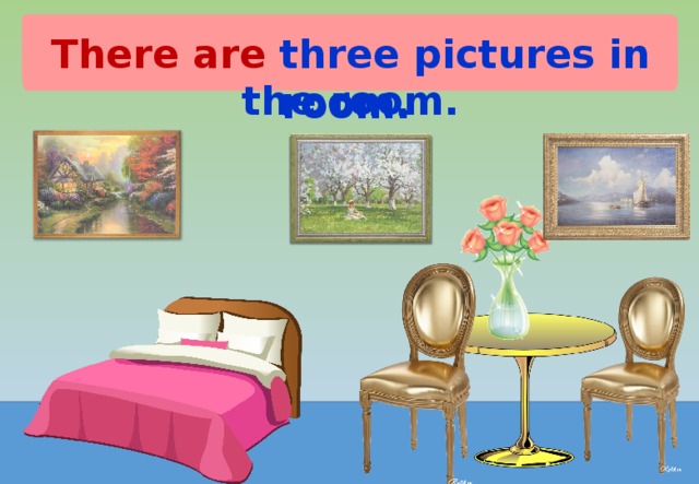 There are three pictures in the room. There is a table in the room. There are two chairs in the room. There is a bed in the room. There is a vase in the table. 22 