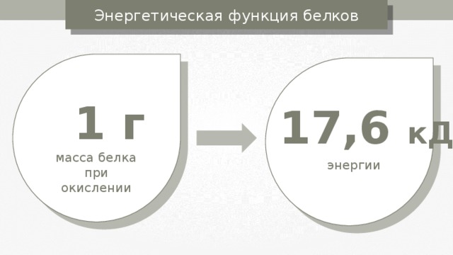 Энергетическая  функция белков 1 г 17,6 кДж  масса белка при окислении энергии 