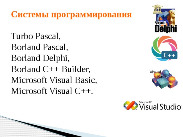 Системы программирования   Turbo Pascal, Borland Pascal, Borland Delphi, Borland C++ Builder, Microsoft Visual Basic, Microsoft Visual C++.  