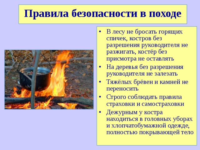Правила безопасности в походе В лесу не бросать горящих спичек, костров без разрешения руководителя не разжигать, костёр без присмотра не оставлять На деревья без разрешения руководителя не залезать Тяжёлых брёвен и камней не переносить Строго соблюдать правила страховки и самостраховки Дежурным у костра находиться в головных уборах и хлопчатобумажной одежде, полностью покрывающей тело  