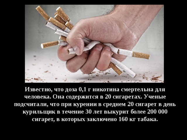 Известно, что доза 0,1 г никотина смертельна для человека. Она содержится в 20 сигаретах. Ученые подсчитали, что при курении в среднем 20 сигарет в день курильщик в течение 30 лет выкурит более 200 000 сигарет, в которых заключено 160 кг табака. 