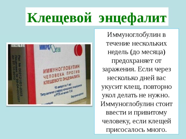 Клещевой энцефалит Иммуноглобулин в течение нескольких недель (до месяца) предохраняет от заражения. Если через несколько дней вас укусит клещ, повторно укол делать не нужно. Иммуноглобулин стоит ввести и привитому человеку, если клещей присосалось много. 