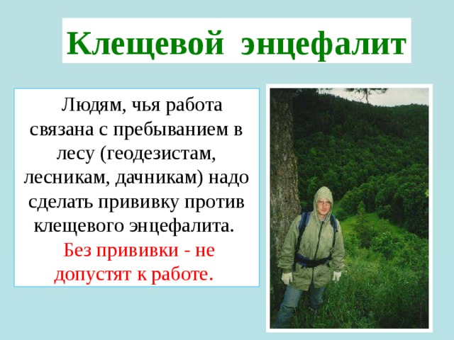 Клещевой энцефалит  Людям, чья работа связана с пребыванием в лесу (геодезистам, лесникам, дачникам) надо сделать прививку против клещевого энцефалита.  Без прививки - не допустят к работе. 