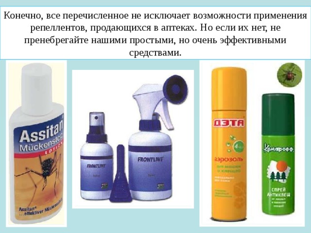 Конечно, все перечисленное не исключает возможности применения репеллентов, продающихся в аптеках. Но если их нет, не пренебрегайте нашими простыми, но очень эффективными средствами. 