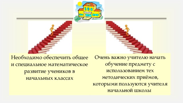 Необходимо обеспечить общее и специальное математическое развитие учеников в начальных классах Очень важно учителю начать обучение предмету с использованием тех методических приёмов, которыми пользуются учителя начальной школы