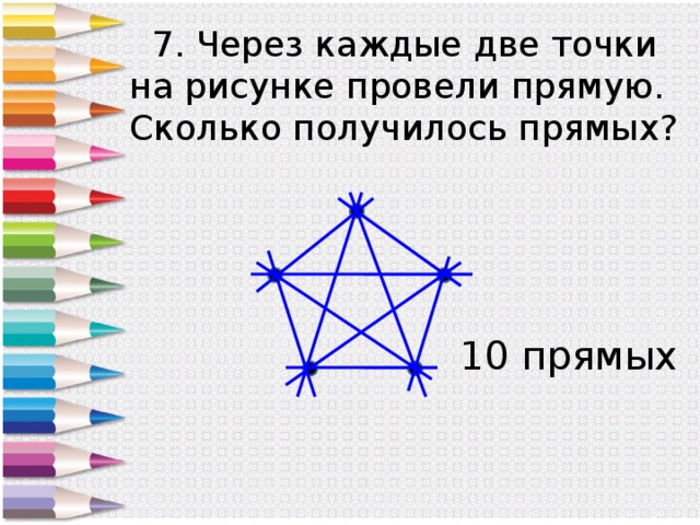 Провести через 2 точки. Провести через каждые две точки прямую. Проведи через каждые две точки прямую сколько получилось. Через каждые две точки на рисунке провели.