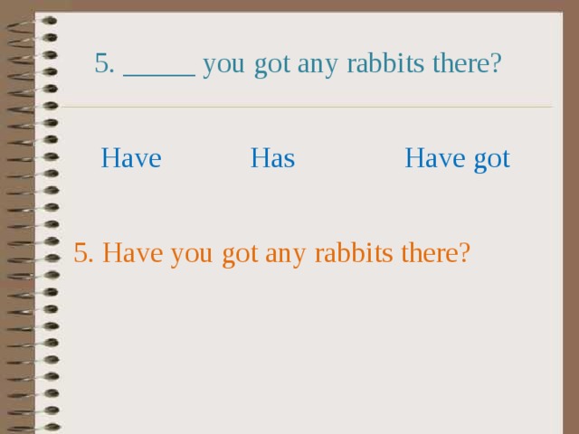 5. _____ you got any rabbits there? Have Has Have got 5. Have you got any rabbits there? 