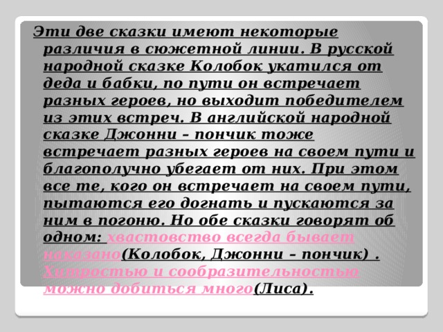 Эти две сказки имеют некоторые различия в сюжетной линии. В русской народной сказке Колобок укатился от деда и бабки, по пути он встречает разных героев, но выходит победителем из этих встреч. В английской народной сказке Джонни – пончик тоже встречает разных героев на своем пути и благополучно убегает от них. При этом все те, кого он встречает на своем пути, пытаются его догнать и пускаются за ним в погоню. Но обе сказки говорят об одном: хвастовство всегда бывает наказано (Колобок, Джонни – пончик) . Хитростью и сообразительностью можно добиться много (Лиса). 