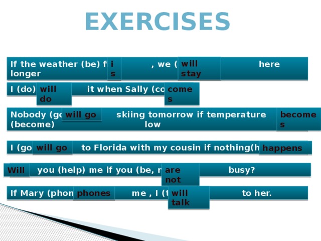 Exercises will stay If the weather (be) fine , we (stay) here longer is I (do) it when Sally (come) will do comes becomes will go Nobody (go) skiing tomorrow if temperature (become) low I (go) to Florida with my cousin if nothing(happen) will go happens  you (help) me if you (be, not) busy? are not Will will talk If Mary (phone) me , I (talk) to her. phones 