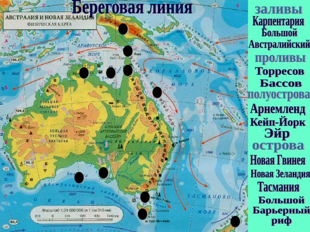 Индийский океан Тихий океан Большой барьерный  риф Арафурское море Каралловое море Тиморское море Большой Австралийский залив Тасманово море 