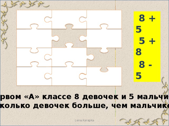  8 + 5  5 + 8  8 - 5 В первом «А» классе 8 девочек и 5 мальчиков. На сколько девочек больше, чем мальчиков? Lena.Karapka 