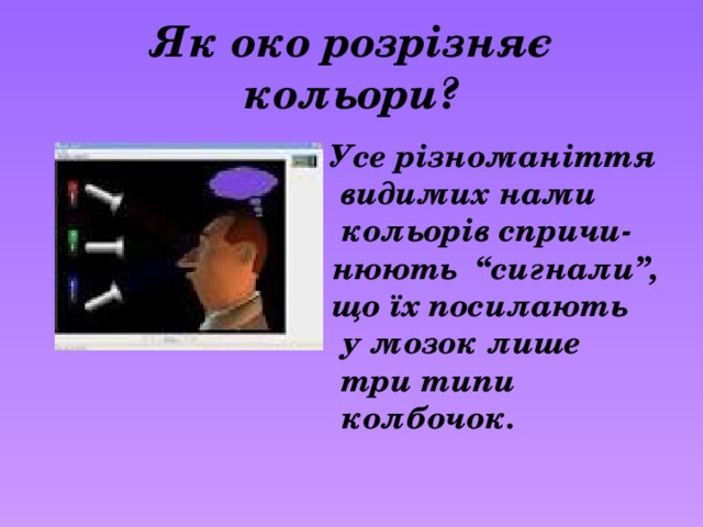 Як око розрізняє кольори? Усе різноманіття  видимих нами  кольорів спричи- нюють “сигнали”, що їх посилають  у мозок лише  три типи  колбочок. 