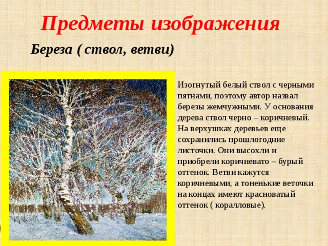 Предметы изображения Береза ( ствол, ветви) Изогнутый белый ствол с черными пятнами, поэтому автор назвал березы жемчужными. У основания дерева ствол черно – коричневый. На верхушках деревьев еще сохранились прошлогодние листочки. Они высохли и приобрели коричневато – бурый оттенок. Ветви кажутся коричневыми, а тоненькие веточки на концах имеют красноватый оттенок ( коралловые). 