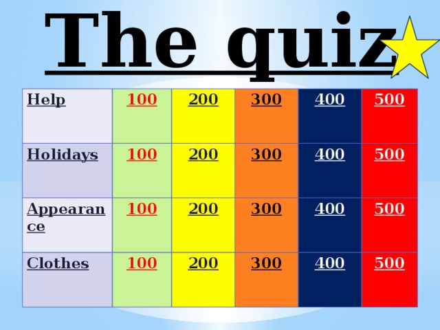 The quiz Help 100 Holidays 100 Appearance 200 300 Clothes 100 200 300 100 400 200 400 300 200 500 500 300 400 500 400 500 